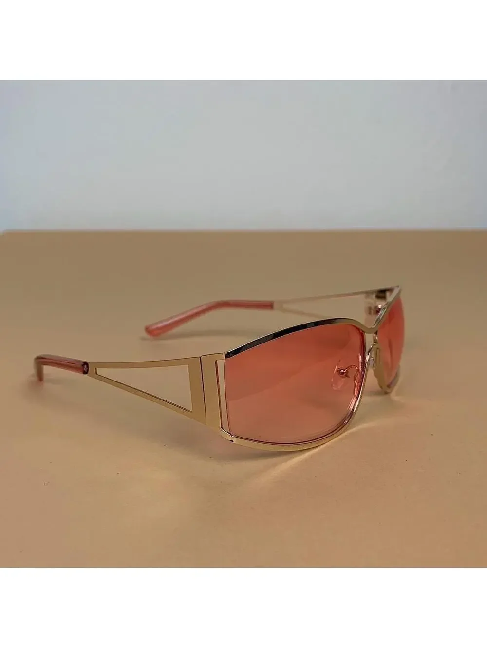Vintage y2k 2000s classy pink chrome trim sunglasses. Chrome trim pink lenses